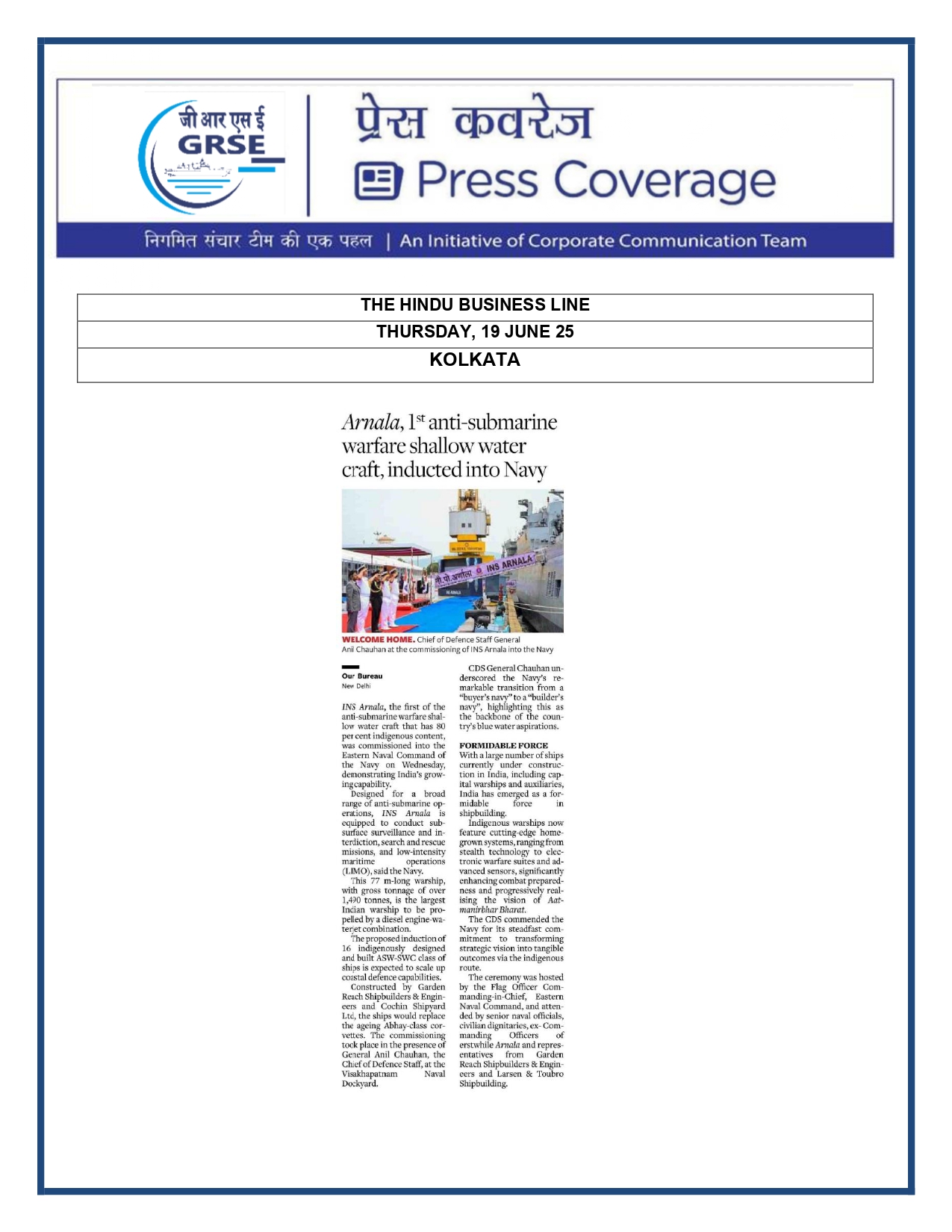 Press Coverage :  CMD,GRSE conferred on CMA's Management Excellence Award 2025   